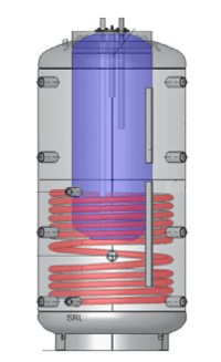 Ballon solaire citerne-à-citerne : ballon tampon et eau chaude sanitaire, en coupe